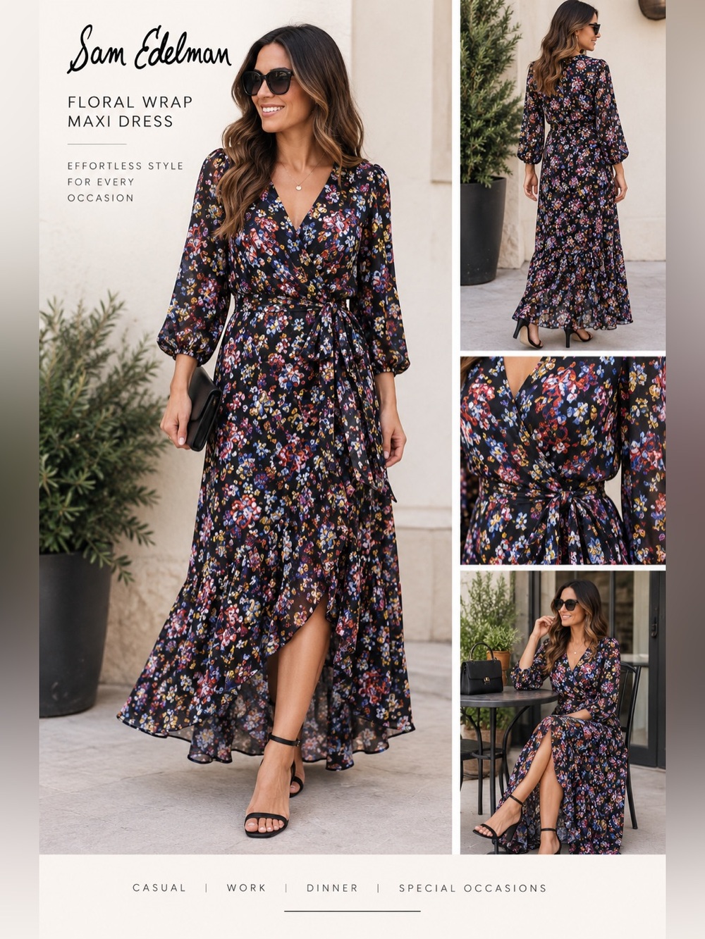 NWT Sam Edelman black multi colored floral wrap maxi dress size 14